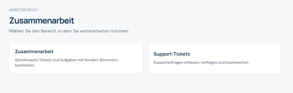 Arbeitsbereich Zusammenarbeit in Mandavio mit den Optionen Zusammenarbeit und Support-Tickets