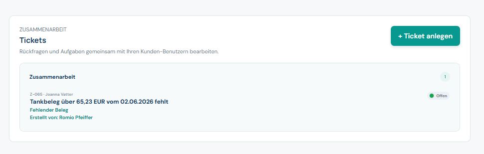 Ticketübersicht in Mandavio mit einem offenen Ticket zu einem fehlenden Tankbeleg